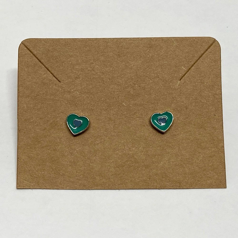 Aqua Enamel Heart Stud Earrings‎ Women's Girls Petite Fashion Silvertone NWOT